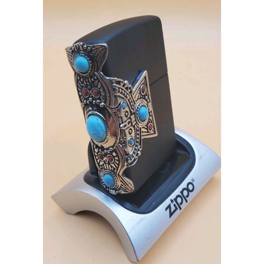 Zippo Black Matte Lighter with Southwestern Turquoise and Red Color Stone Emblem
